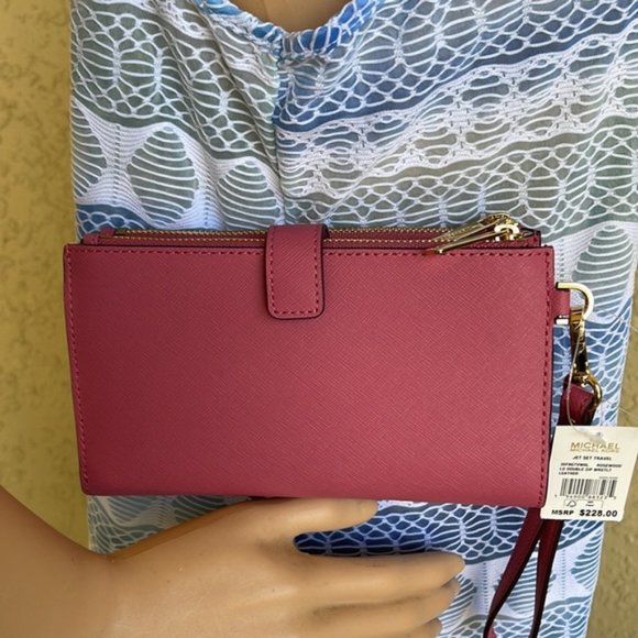 Michael Kors Jet Set Travel Large Double Zip Wristlet Wallet Rosewood Leather - Picture 2 of 16